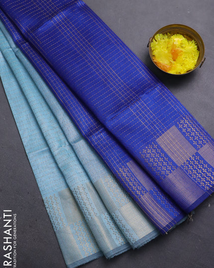 Semi dupion saree light blue and blue with allover zari stripes pattern and zari woven border