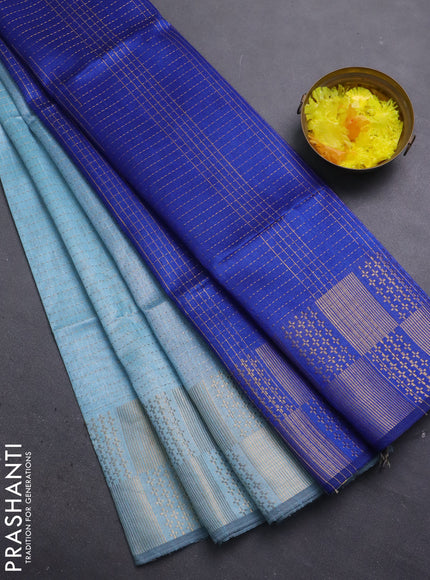 Semi dupion saree light blue and blue with allover zari stripes pattern and zari woven border