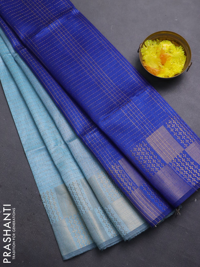 Semi dupion saree light blue and blue with allover zari stripes pattern and zari woven border