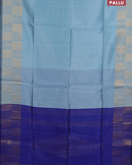 Semi dupion saree light blue and blue with allover zari stripes pattern and zari woven border