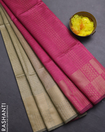 Semi dupion saree beige and pink with allover zari stripes pattern and zari woven border