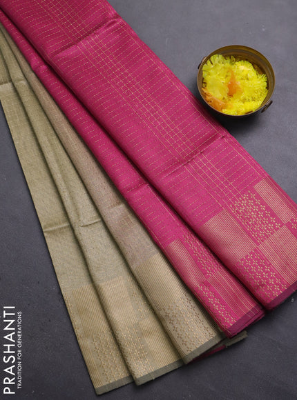 Semi dupion saree beige and pink with allover zari stripes pattern and zari woven border