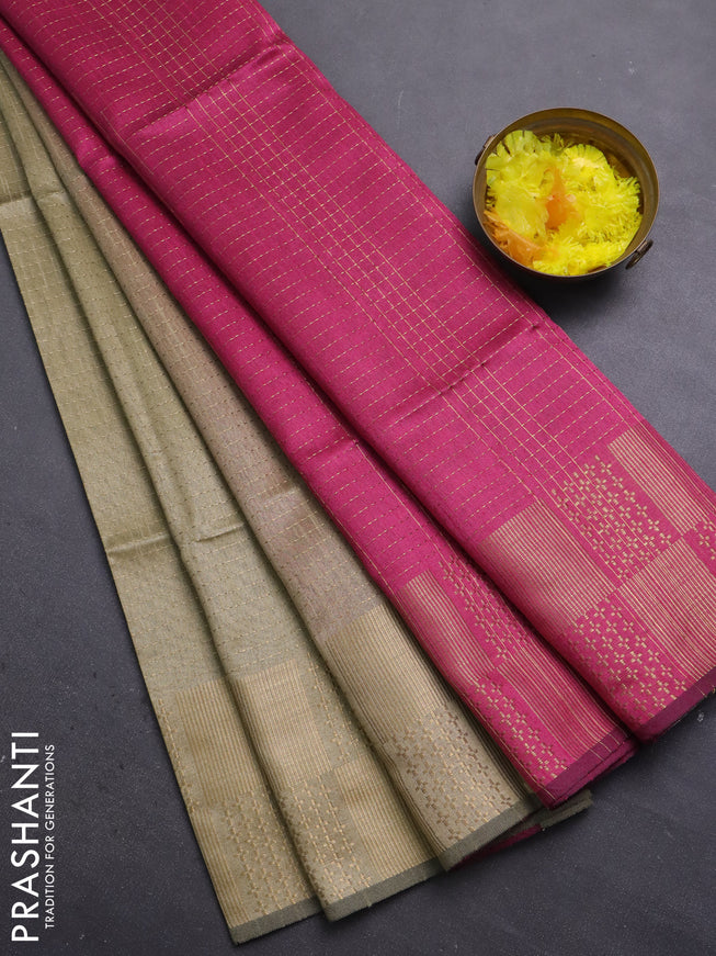 Semi dupion saree beige and pink with allover zari stripes pattern and zari woven border