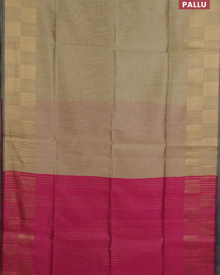 Semi dupion saree beige and pink with allover zari stripes pattern and zari woven border