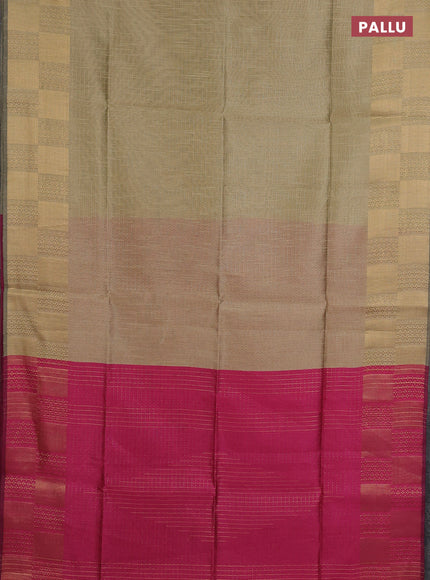 Semi dupion saree beige and pink with allover zari stripes pattern and zari woven border