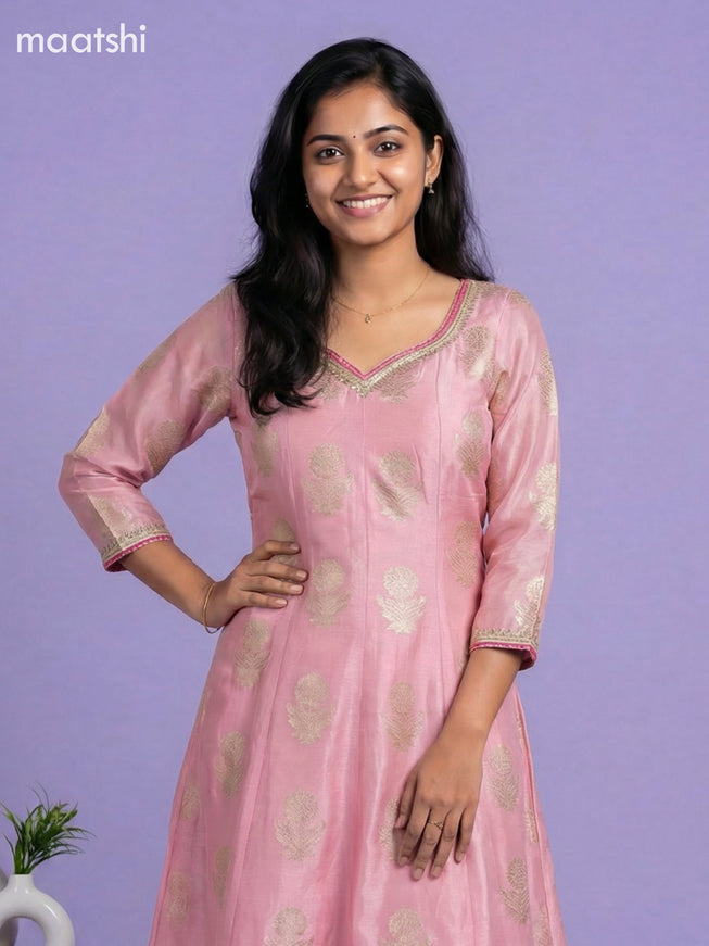 Baby Pink Art Tussar Banarasi Style Short Anarakali Suit