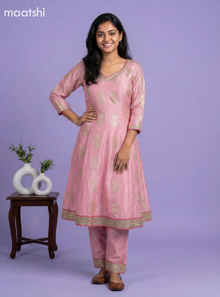 Baby Pink Art Tussar Banarasi Style Short Anarakali Suit