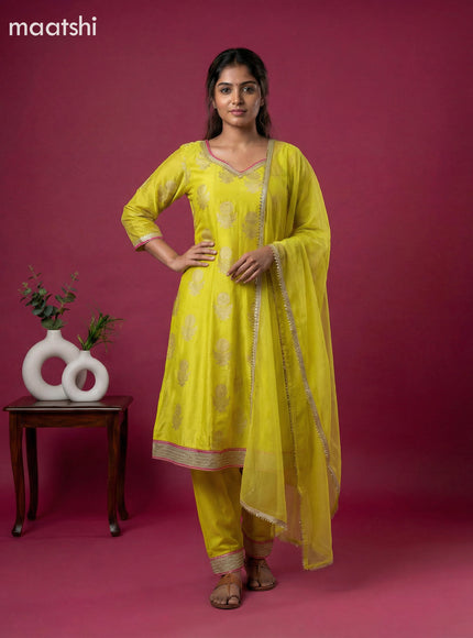 Lime Yellow Art Tussar Banarasi Style Short Anarakali Suit