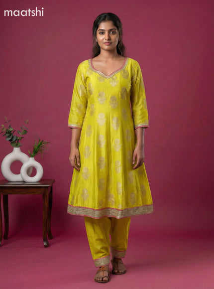 Lime Yellow Art Tussar Banarasi Style Short Anarakali Suit