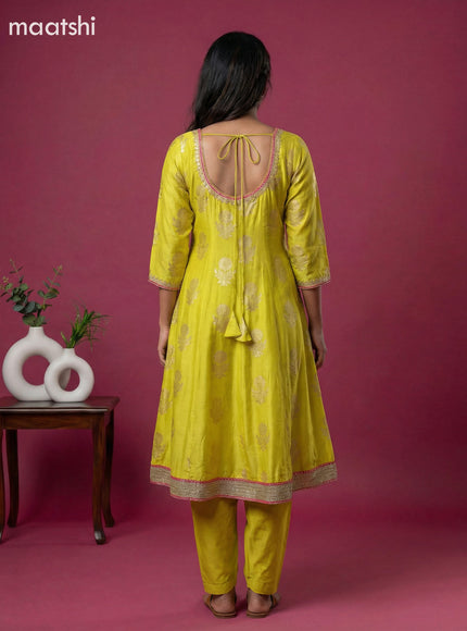Lime Yellow Art Tussar Banarasi Style Short Anarakali Suit