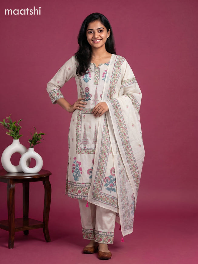 Beige and Pink Cotton Floral Printed & Simple Embroidery Work Straight Suit