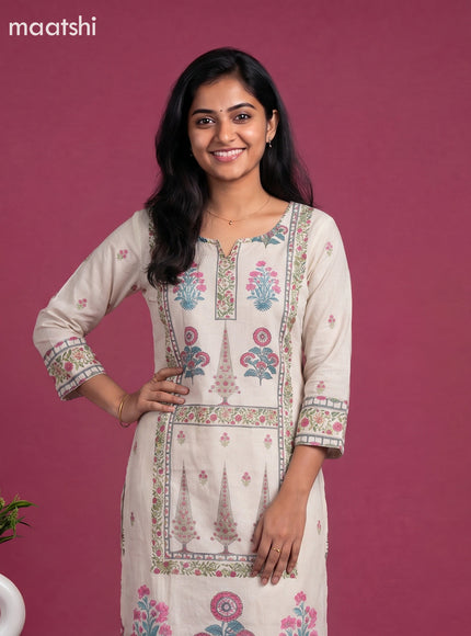 Beige and Pink Cotton Floral Printed & Simple Embroidery Work Straight Suit
