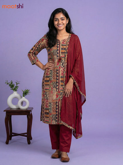 Beige and Maroon Cotton Printed Straight Suit