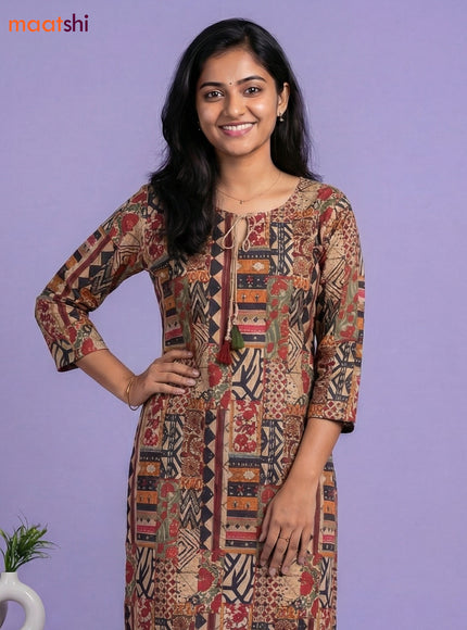 Beige and Maroon Cotton Printed Straight Suit