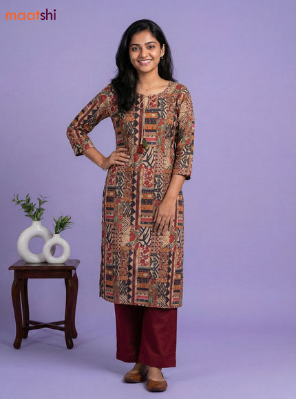 Beige and Maroon Cotton Printed Straight Suit