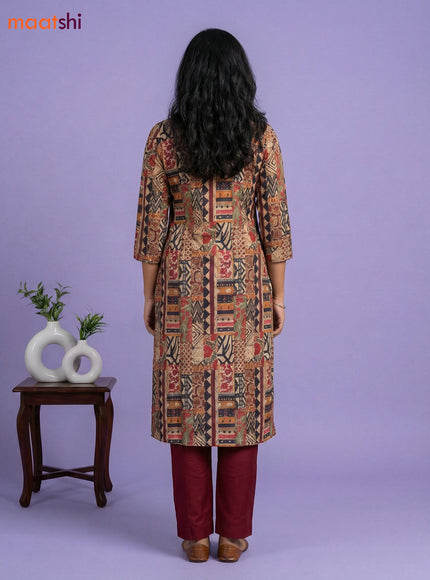 Beige and Maroon Cotton Printed Straight Suit