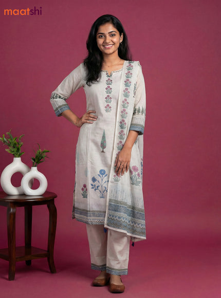 Beige Cotton Floral Printed & Simple Embroidery Work Straight Suit