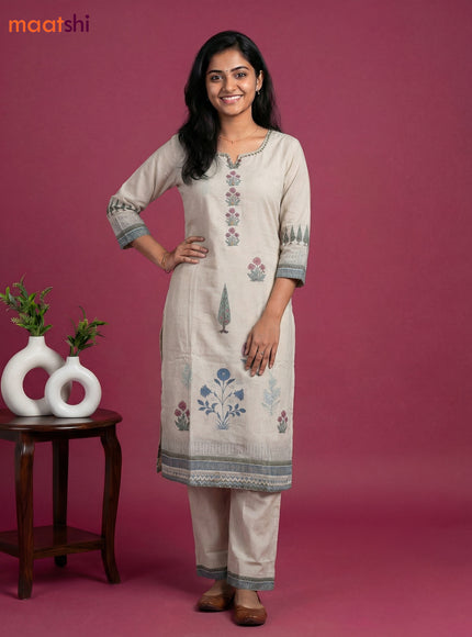 Beige Cotton Floral Printed & Simple Embroidery Work Straight Suit
