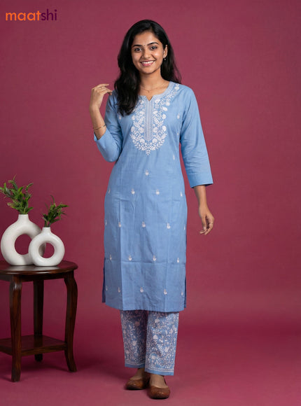 Light Blue Viscose Rayon Embroidery Work Kurti Set