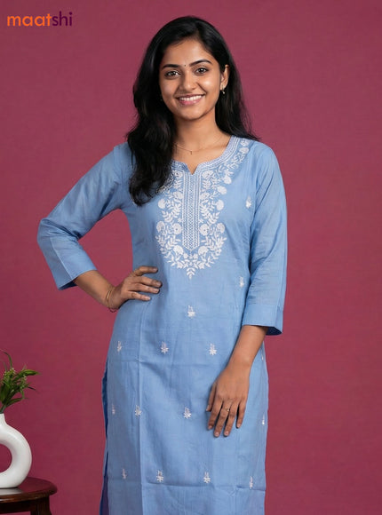 Light Blue Viscose Rayon Embroidery Work Kurti Set