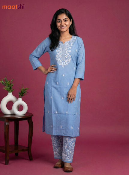 Light Blue Viscose Rayon Embroidery Work Kurti Set