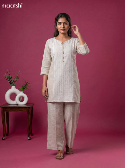 Off White and Beige Cotton Embroidery Work Kurti Set