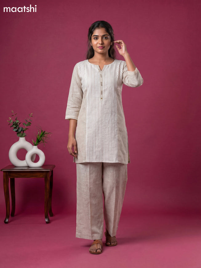 Off White and Beige Cotton Embroidery Work Kurti Set