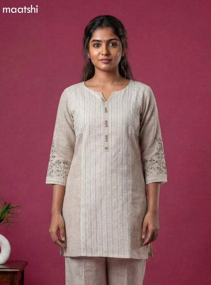 Off White and Beige Cotton Embroidery Work Kurti Set