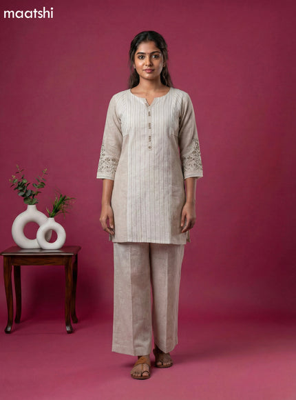 Off White and Beige Cotton Embroidery Work Kurti Set