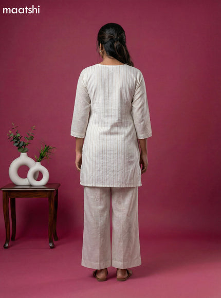 Off White and Beige Cotton Embroidery Work Kurti Set