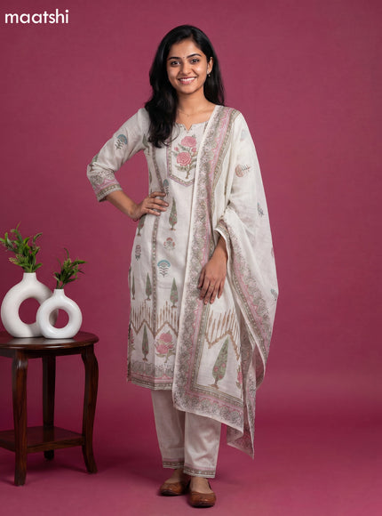 Beige Cotton Printed Straight Suit
