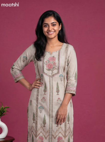 Beige Cotton Printed Straight Suit