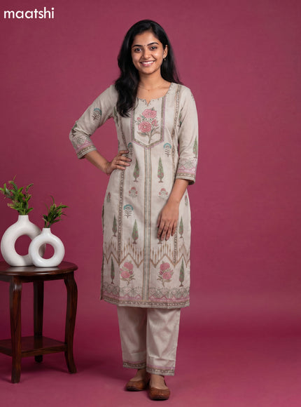 Beige Cotton Printed Straight Suit