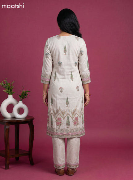 Beige Cotton Printed Straight Suit