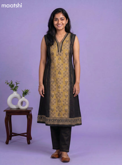 Black and Mustard Yellow Art Tussar Ajrakh Printed Kurti Set