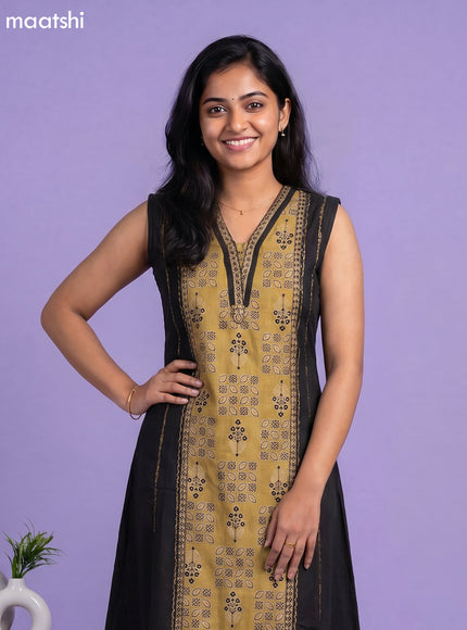 Black and Mustard Yellow Art Tussar Ajrakh Printed Kurti Set