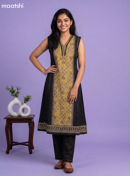 Black and Mustard Yellow Art Tussar Ajrakh Printed Kurti Set