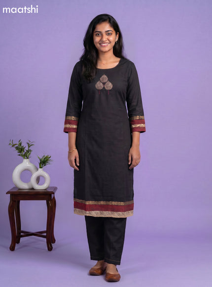 Black Art Tussar Embroidery Work Kurti Set