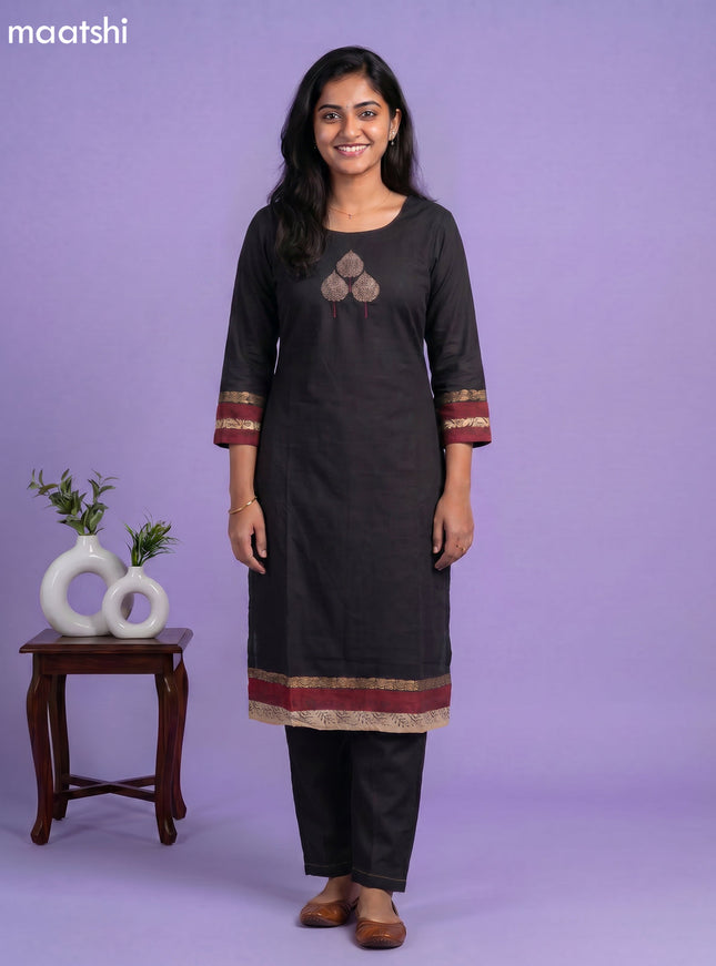 Black Art Tussar Embroidery Work Kurti Set