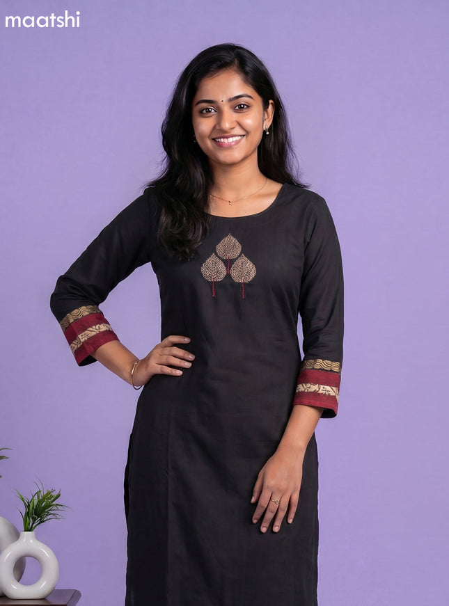Black Art Tussar Embroidery Work Kurti Set