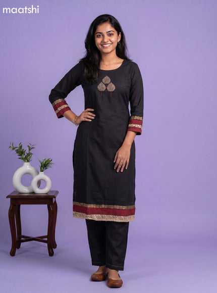 Black Art Tussar Embroidery Work Kurti Set