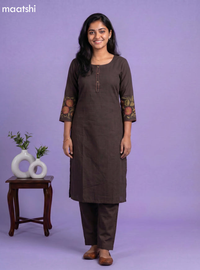 Deep Coffee Brown Art Tussar Simple Embroidery Work Kurti Set