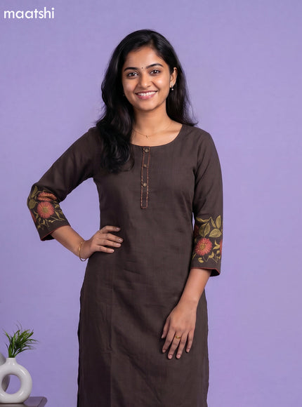 Deep Coffee Brown Art Tussar Simple Embroidery Work Kurti Set