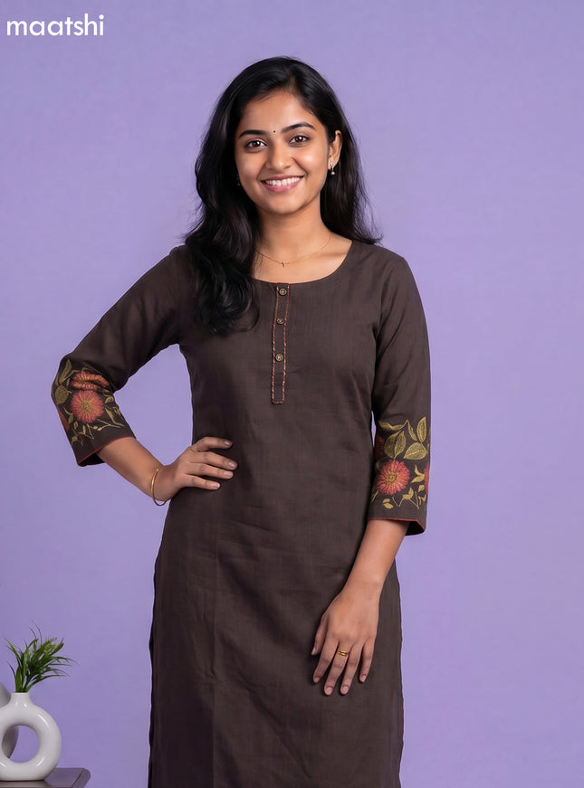 Deep Coffee Brown Art Tussar Simple Embroidery Work Kurti Set
