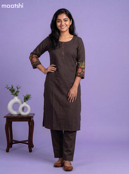 Deep Coffee Brown Art Tussar Simple Embroidery Work Kurti Set