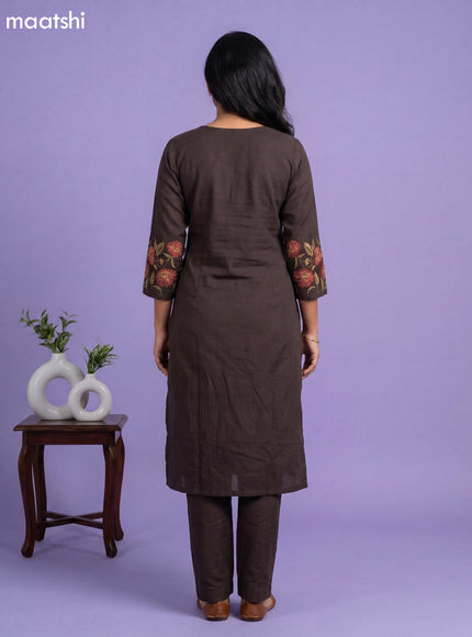 Deep Coffee Brown Art Tussar Simple Embroidery Work Kurti Set