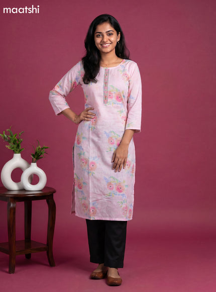 Baby Pink Cotton Floral Printed & Simple Embroidery Straight Kurti
