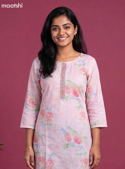Baby Pink Cotton Floral Printed & Simple Embroidery Straight Kurti