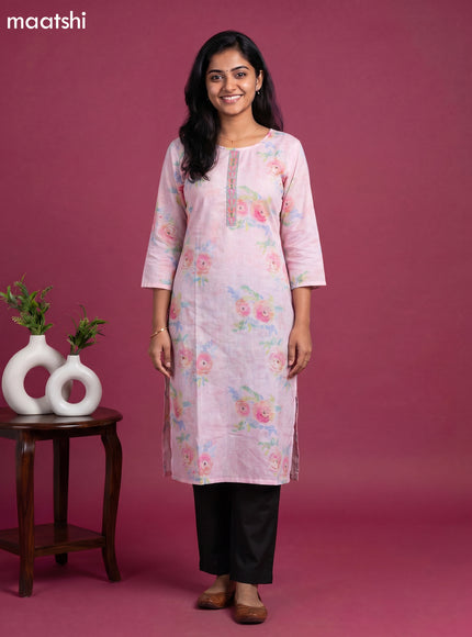 Baby Pink Cotton Floral Printed & Simple Embroidery Straight Kurti