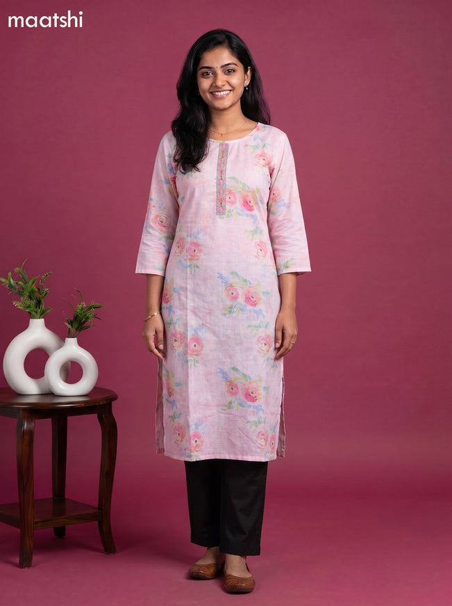 Baby Pink Cotton Floral Printed & Simple Embroidery Straight Kurti